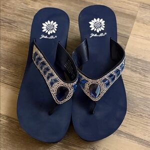 Blue Beaded Flip Flops by Yellow Box, with rhinestones, super comfy